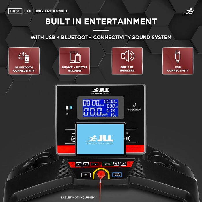 Бігова доріжка JLL T450, 4,5 к.с., 20 нахилів, 0,3-18 км/год, Bluetooth