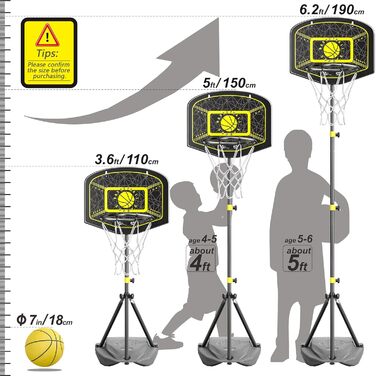 Баскетбольне кільце та підставка, баскетбольне кільце для дітей віком 3-8 років, регульоване по висоті, вуличне баскетбольне кільце, 1,1-1,9 м, день народження, Великдень, подарунки з м'ячем та насосом Black