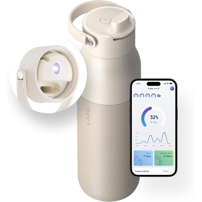 LARQ Bottle PureVis 2 680 мл – самочищувальна пляшка для води з UV-C LED, контроль через додаток, нержавіюча сталь з подвійною ізоляцією, багаторазова, 2 роки гарантії, колір Mojave Dune
