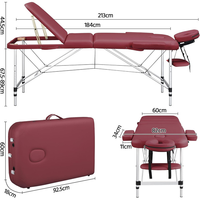 Масажний стіл Yaheetech Масажне ліжко Розкладний терапевтичний стіл Масажний стіл 3 зони Ергономічна масажна лава з підголівником і підлокітниками, шириною 70 см, (213 x 82 см, бордовий)