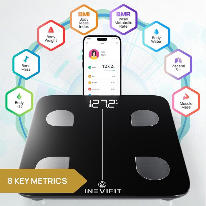 Цифрова вага INEVIFIT для людей, висока точність, до 180 кг, чорна, велика платформа 30x30 см