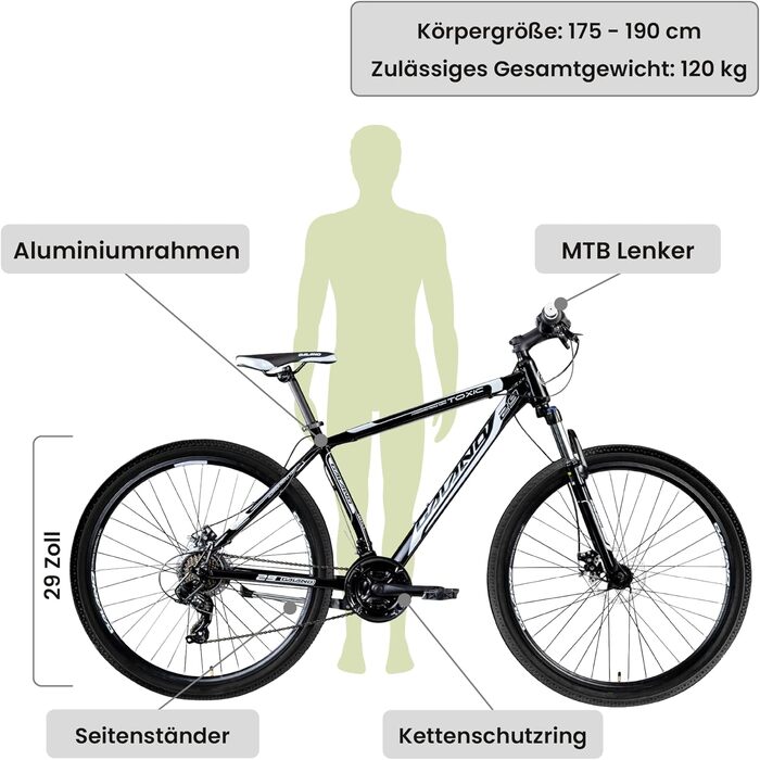 Гірський велосипед Galano Toxic 29 дюймів від 175 см для жінок та чоловіків з 21 швидкістю та дисковим гальмом Велосипед MTB Hardtail у багатьох кольорах, унісекс, алюмінієвий велосипед (чорний/білий)