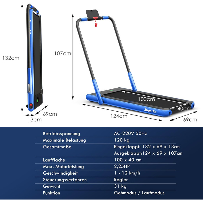 Бігова доріжка COSTWAY унісекс Синя 124x69x107 см