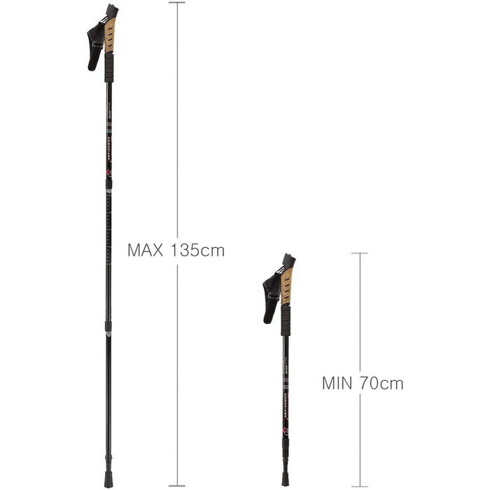 Телескопічні протиударні туристичні палиці MidGard Nordic Walking Poles виготовлені з алюмінієвого сплаву з корковою ручкою та амортизацією, регульованою по довжині 70-135 см (чорний)