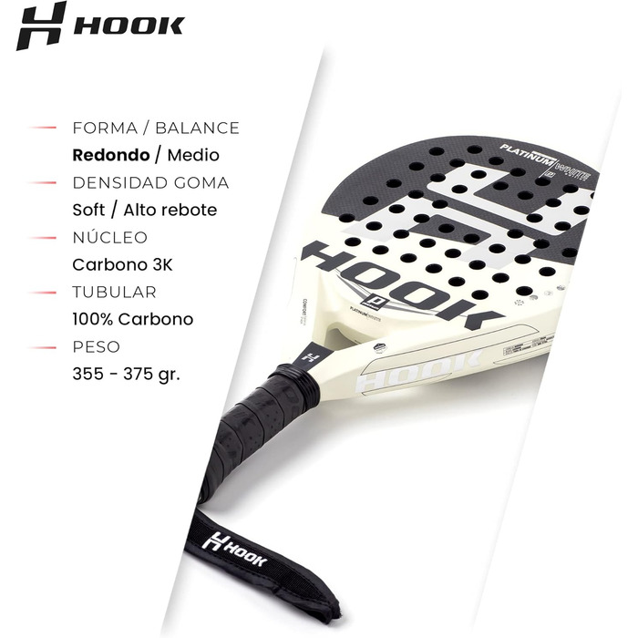 Ракетка Hook Platinum White унісекс Padel, 355/365 г, карбон, контроль