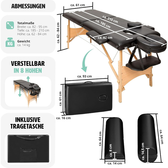 Мобільний масажний стіл tectake 2 зони, складний, регульований по висоті, з позиціонуючими роликами, з навантаженням до 250 кг, фізіотерапевтичні аксесуари, масажний стіл для косметики, оздоровлення або тату - чорний чорний No 404745