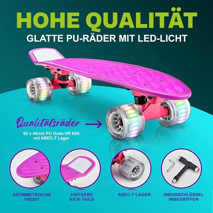 Скейтборд Hurtle Mini Cruiser для дітей та дорослих, пенні-борд з LED колесами, антиковзке покриття, для початківців і досвідчених, до 100 кг