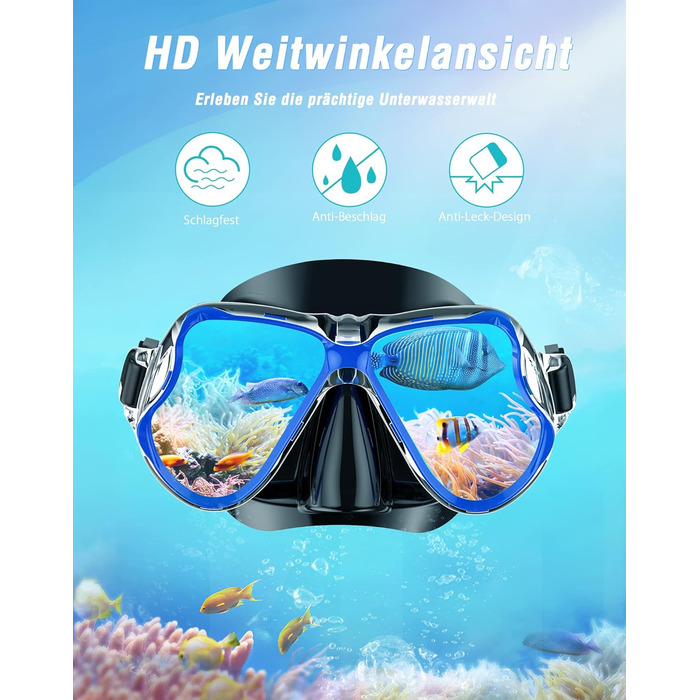 Набір сухих трубок QcoQce, маска для дайвінгу проти запотівання та панорамного виду, легке дихання та професійна маска для підводного плавання з м'яким мундштуком, набір трубок для дорослих Black Blue