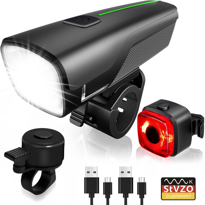 Комплект велосипедних LED-ліхтарів StVZO, акумулятор 2600 мАг, водонепроникні, USB зарядка, з індикатором батареї, передній і задній світло для дітей і дорослих