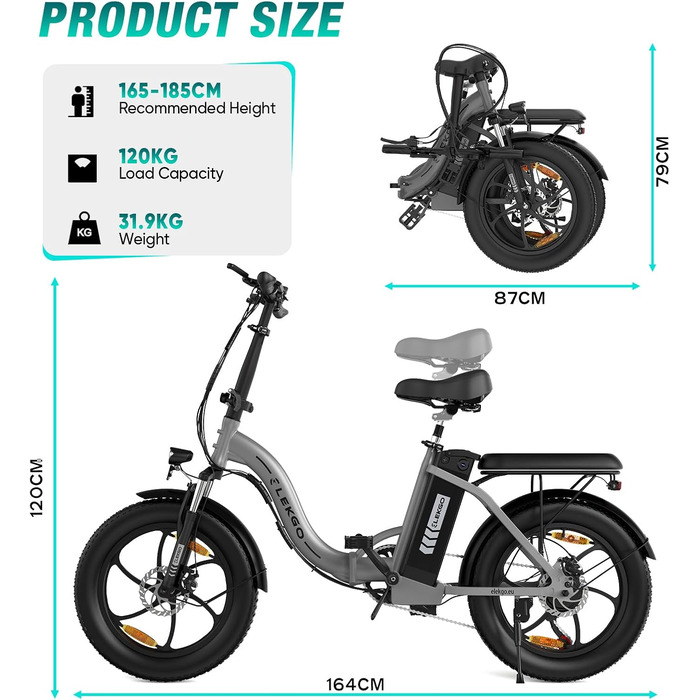 Велосипед ELEKGO E-Bike, 20' товста шина, 250 Вт, 36 В, 7 швидкостей