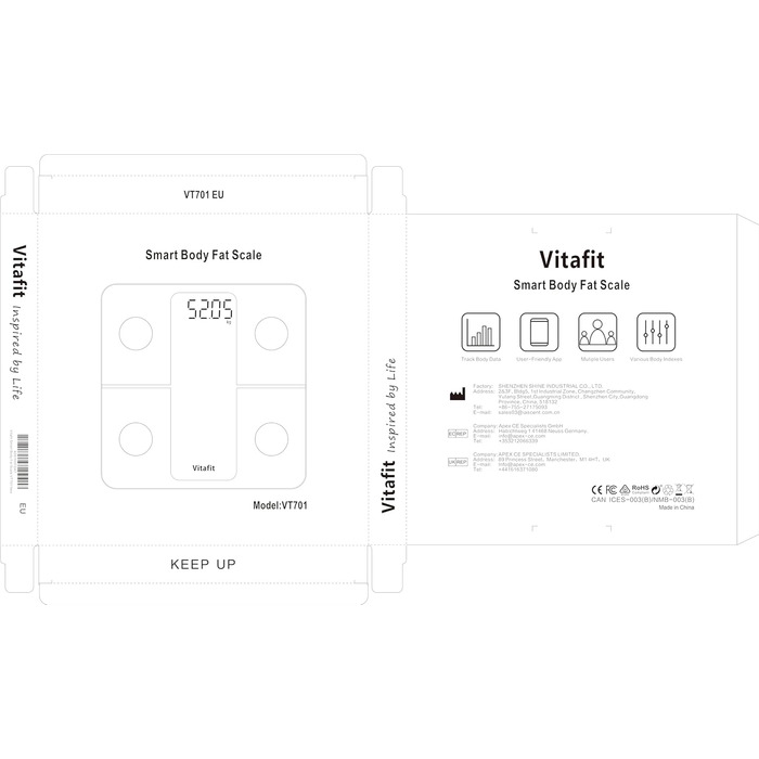 Персональні ваги Vitafit Body Fat Scale з додатком 180 кг, шкала складу тіла з Bluetooth, ваги для людей з жиром і м'язовою масою, ІМТ, білок, BMR, чорна шкала жиру в організмі чорна