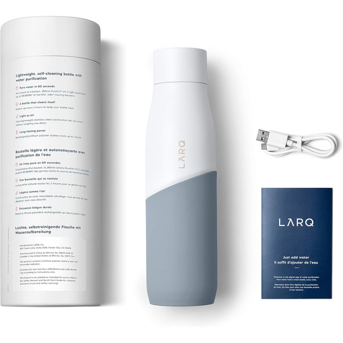 Пляшка LARQ Movement PureVis 710 мл — легка нержавіюча пляшка для води з UV-стерилізатором, самостійне очищення, неізольована, багаторазова, для подорожей, біла/камінь