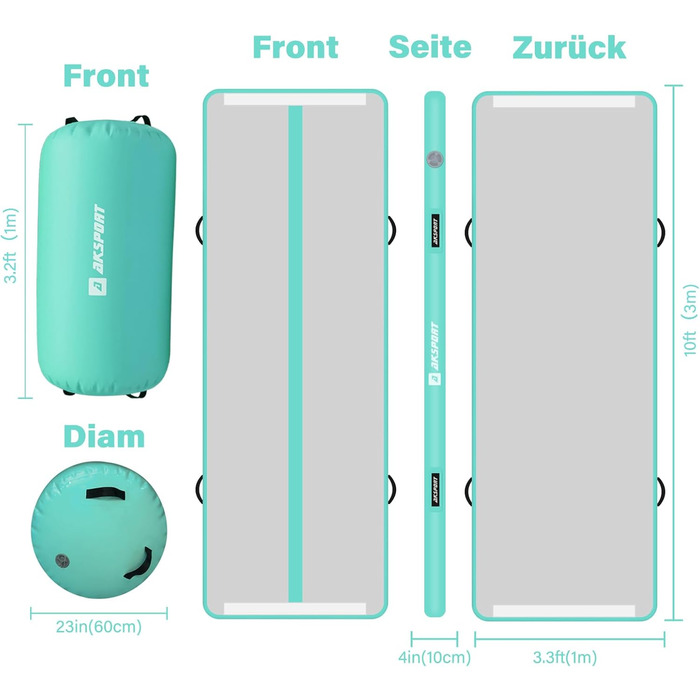 Килимок AKSPORT Airtrack з надувним гімнастичний килимок Air Roll Гімнастичний килимок Килимок для перекидання з повітряним насосом для дому/йоги/черлідингу/перекидання/згинання назад (м'ятно-зелений повітряний килимок і ролик)