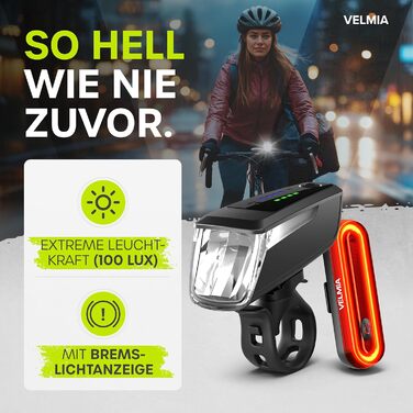 Комплект велосипедних LED-ліхтарів VELMIA з USB-акумулятором, переднє та заднє світло, водонепроникні, до 8,5 годин роботи, StVZO сертифікат
