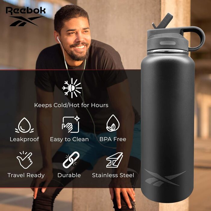 Reebok пляшка для води з нержавіючої сталі зі соломинкою, спортивний дизайн, ізольована, 900 мл, подвійні стінки, вакуумна, BPA-free, чорна