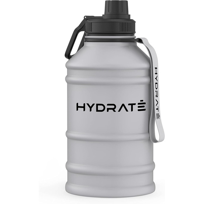 Пляшка для води HYDRATE з нержавіючої сталі - 2.2 літра - Спортивна пляшка для води без бісфенолу А - Металева пляшка для води Практичний нейлоновий ремінець і герметична кришка, що загвинчується, тренажерний зал (2.2 л, сірий Nardo)