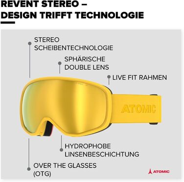 Гірськолижні окуляри ATOMIC REVENT STEREO - Гірськолижні окуляри із захистом від відблисків - Високоякісні дзеркальні окуляри для сноуборду - Окуляри з оправою Live Fit - Гірськолижні окуляри з подвійною лінзою (Saffron)