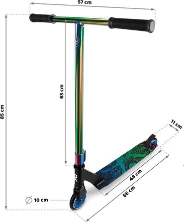 Трюк на вулиці SOKE EVO ABEC-9 Трюковий самокат Kickscooter з ABEC 9 Кулькові підшипники Скутери Скутери Дорослі та діти Ширина 50 см Кермо 360 Хомут з 3 гвинтами з алюмінію (чорна веселка)