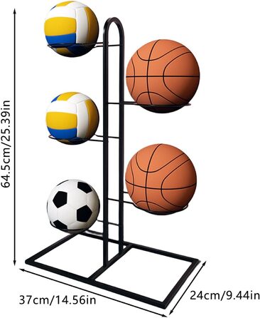 Підставка для м'ячів, полиця для зберігання м'ячів, вертикальне зберігання м'ячів - багатошарова баскетбольна підставка, зберігання м'ячів, футбольна стійка, тримач для баскетболу, чавунний органайзер для спортивних м'ячів (чорний, 5)
