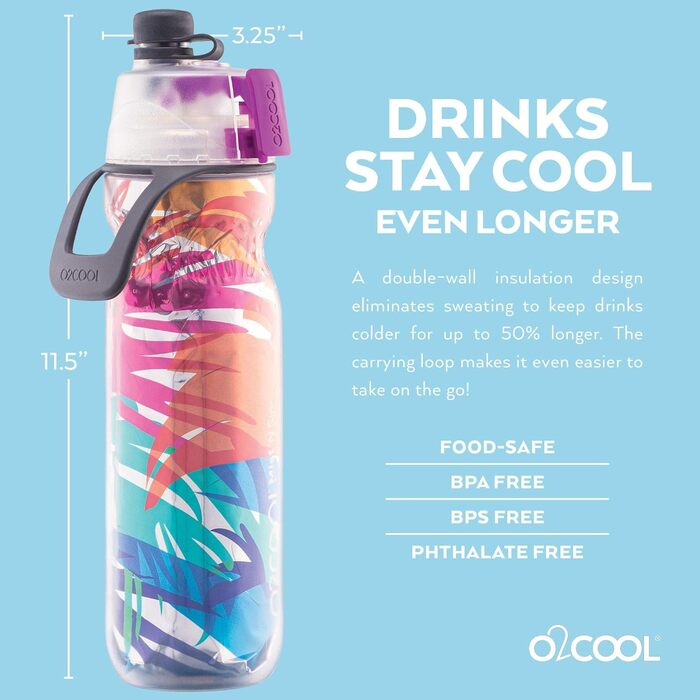 Пляшка для води O2COOL Mist 'N Sip 2в1 з туманом і функцією пиття без протікання (яскравий пальмовий лист)