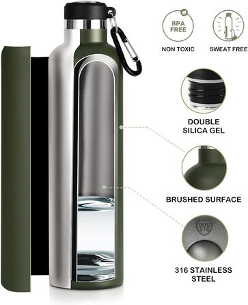 Термос-пляшка FEIJIAN FJbottle 316 нерж. сталь 1000 мл, вакуумна, з карабіном, BPA-free, спортивна, для спорту, роботи та подорожей, темно-зелена