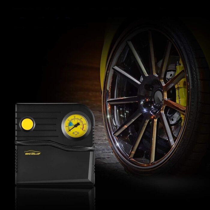 Міні 12V компресор для авто, електричний насос для шин із манометром та адаптерами, жовтий