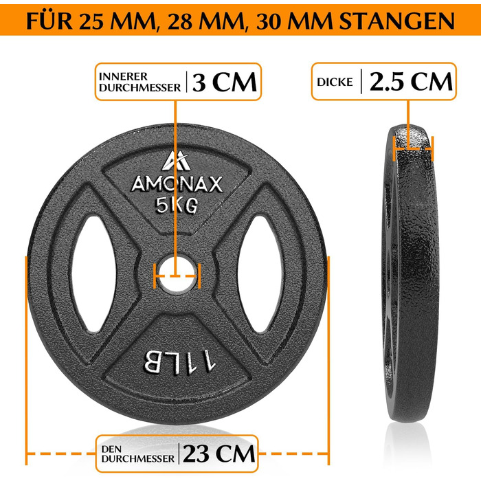 Набір чавунних ваг Amonax, 2,5 кг, 5 кг, 10 кг Набір гантелей для олімпійських ваг 25 мм і 50 мм Штанга з гантелями, металеві вагові пластини для важкої атлетики та тяги стегнами, вагові пластини для домашнього тренажерного залу (25 мм - 5 кг x 4)