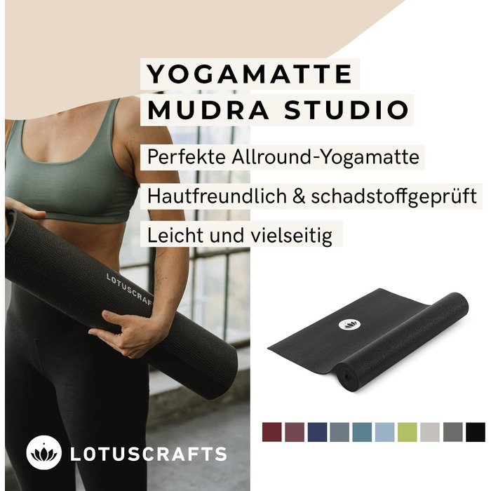 Килимок для йоги LOTUSCRAFTS MUDRA STUDIO товщина 5 мм 183x61 см - 1,2 кг легкий - килимок для йоги не ковзає, не токсичний і приємний для шкіри - ідеально підходить як гімнастичний килимок, спортивний килимок, килимок для фітнесу та килимок для пілатесу 