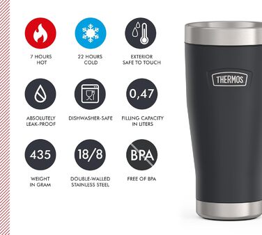 Термокружка Thermos ICON 470 мл, графітова, з нержавіючої сталі, ізотермічна, герметична, зберігає тепло 7 годин/холод 22 години, для кави, зручна для подорожей, BPA-free, можна мити в посудомийці