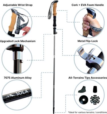 Туристичні палиці SOLA Складні, легкі, складні, виготовлені з алюмінієвого сплаву 7075 з корковими ручками, для трекінгу, скандинавської ходьби, кемпінгу сталь сіра або (2 шт. и) (сталь сіра)