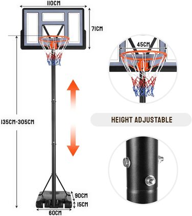 Баскетбольне кільце вуличне, регульоване 135-305 см, для будь-якого віку"