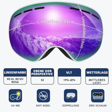 Гірськолижні окуляри GlaRid чоловічі жіночі, OTG Ski Goggles Безкаркасні окуляри для сноуборду для тих, хто носить окуляри, Снігові насадки для дорослих Захист від запотівання 100 UV400 (рожевий)