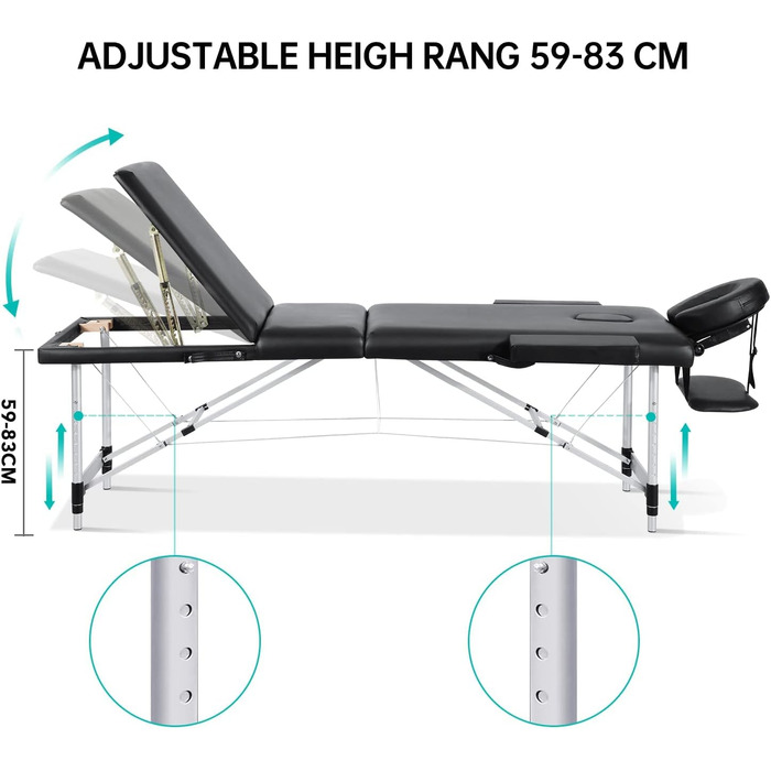 Мобільний масажний стіл Careboda Складний 3-зонний регульований по висоті масажний стіл алюмінієвий з підголівником і підлокітниками та сумкою для перенесення, масажна лавка для косметики, спа, салон, тату
