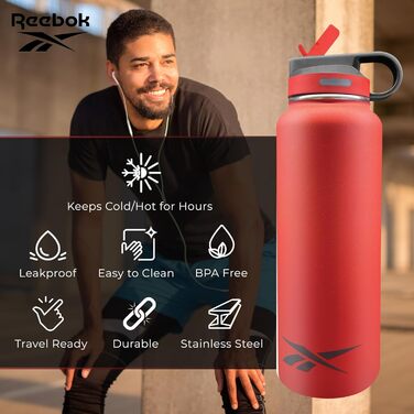 Пляшка для води Reebok з нержавіючої сталі з трубочкою, спортивний дизайн, термос 900 мл, подвійні стінки, вакуумна ізоляція, BPA-free, червона