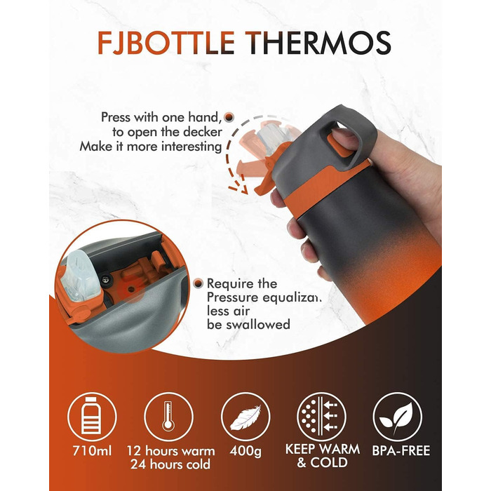 Термобутилка FEIJIAN FJbottle 710 мл з щіткою, нержавіюча сталь, чорна з помаранчевим