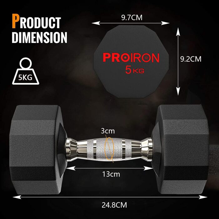 Шестигранні гантелі PROIRON без запаху зі сталевим сердечником, гантелі 12-гранний унікальний дизайн, міцні та довговічні для щоденних силових тренувань (3 кг, 5 кг, 8 кг, 10 кг, 12 кг, 16 кг, 20 кг, 24 кг) 5 кг х 2