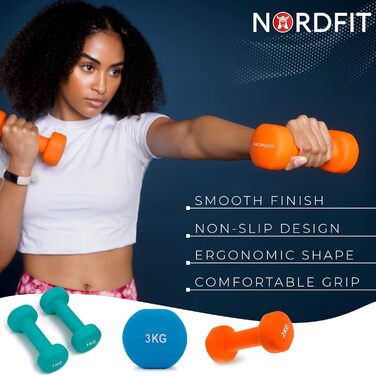 Чавунні гантелі NORDFIT з неопреновим покриттям для домашніх вправ, пілатесу, тренажерного залу, кардіотренувань, силових тренажерів для чоловіків, жінок і дітей, набір гантелей в 1кг, 2кг, 3кг, 4кг, 5кг