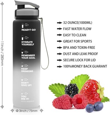 Пляшка для води ZORRI 900 мл, BPA-free, з мітками часу та вимірювання, легка, герметична, для спорту, школи, кемпінгу, чорний/сірий
