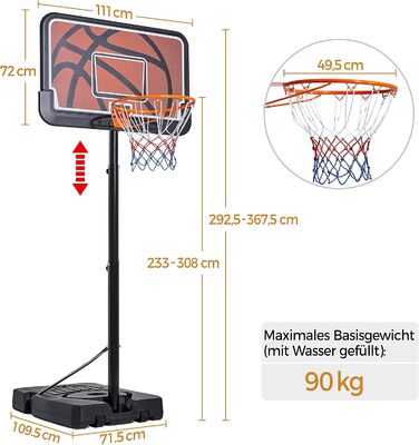 Баскетбольна стійка Yaheetech з регулюванням висоти від 233 до 308 см Мобільне баскетбольне кільце для внутрішнього або зовнішнього баскетбольного кільця можна наповнити водою або піском