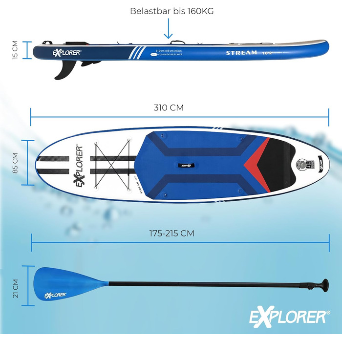 Дошка для веслування EXPLORER SUP Fusion Stand Up до 180 кг Повний комплект з алюмінієвим веслом, рюкзаком, насосом, плавником і набором патчів. (ПОТІК 10.2)