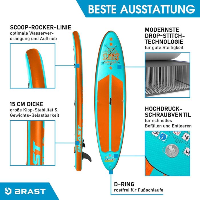 Надувна SUP дошка BRAST Summer 320x81x15 см, комплект з веслом, сидінням для каяка, камеротримачем, гарантія 5 років