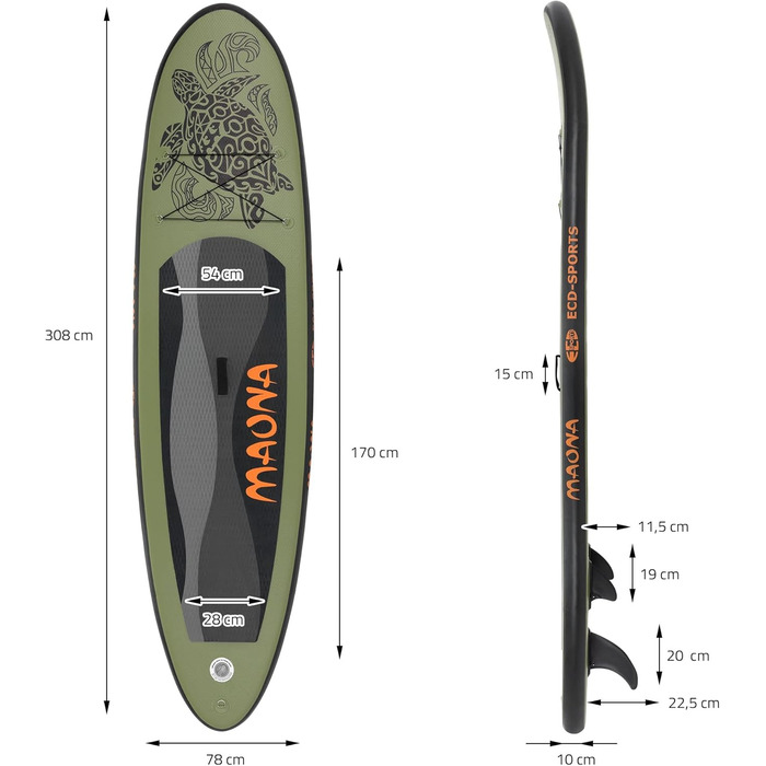 Надувна SUP-дошка ECD Germany Maona 308 см, PVC, алюмінієве весло, комплект, бірюзова/чорна/рожева/сіра/оливкова – для серфінгу, веслування, паддлборду