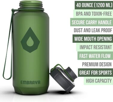 Велика спортивна пляшка Embrava 1,2 л з широким носиком, не протікає, BPA/BPS-free Tritan, для подорожей, спорту, кемпінгу, фітнесу, зелена матова