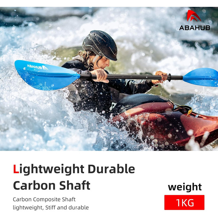 Весло для каяка Abahub карбонове 230 см, регульоване 220-240 см, з тросиком, для каякінгу, карбоновий держак, пластикове лезо, чорний/білий/синій/зелений/помаранчевий/жовтий/бірюзовий