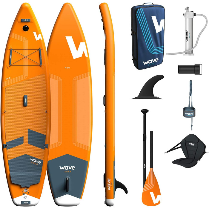 Пакет Wave Pro Professional SUP Надувна дошка для веслування преміум-класу Товщина 15,2 см включаючи аксесуари iSUP, сидіння для заміни байдарки, сумку для перенесення, повідець для щиколотки, ручний насос Широка стійка, нековзна палуба (10 футів, помаран