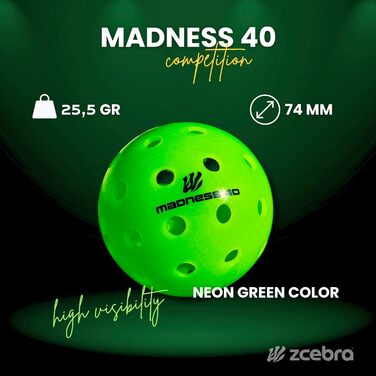 М'ячі ZCEBRA Pickleball 40 лунок Neon Green 6 уп. для приміщень