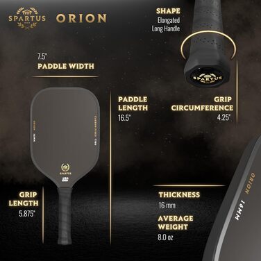 Падел для піклболу Spartus Apex Orion 16 мм із TruGrit покриттям і Boost-ядром, подовжена ручка, сертифікований USAP