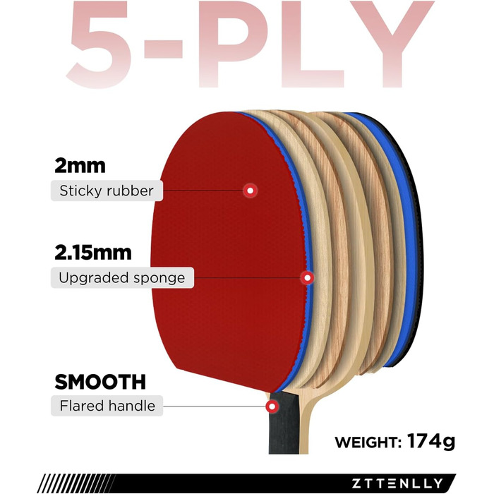 Весло для пінг-понгу ZTTENLLY з карбоновою технологією Серія Performance, 5-шарове найтонше лезо, експертний контроль, товстіший захисний чохол Ракетка для настільного тенісу для професійного або тренувального контролю гри