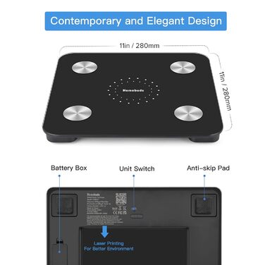 Цифрові ваги для ванної кімнати Bluetooth Шкала складу тіла з додатком З 2001 року для жиру в організмі, ІМТ, ваги, м'язової маси, води, білка, BMR, 180 кг, чорної шкали жиру в організмі Black