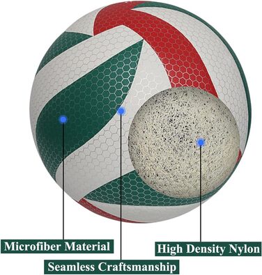 Волейбольні м'ячі KRTOYUST, надміцний композитний волейбольний м'яч офіційного стандартного розміру для приміщень та активного відпочинку, пляжний, безшовний крій, обробка шкіри (розмір 5, зелений/білий/червоний)